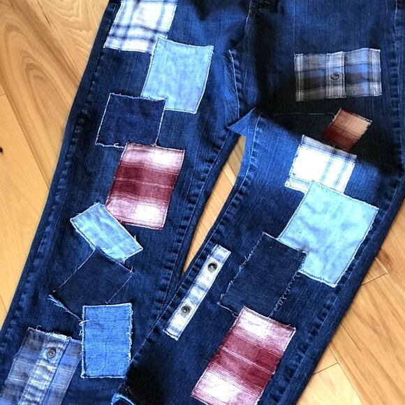 Flannel Patchwork Jeans, Size 16: Upcycled Distressed Denim & Plaid, Funky Pants - Picture 10 of 11